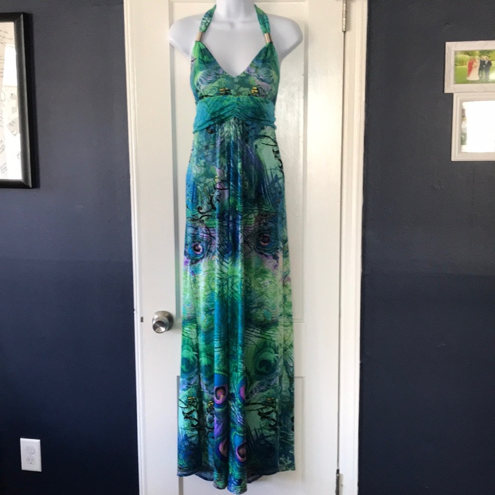 Peacock Feather Print Halter Maxi Green Blue XL